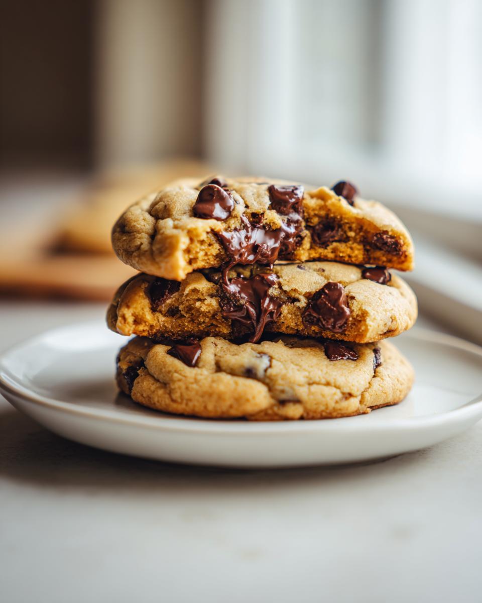 Stack of three soft vegan chocolate chip cookies, with the top one broken open revealing gooey, melted chocolate.