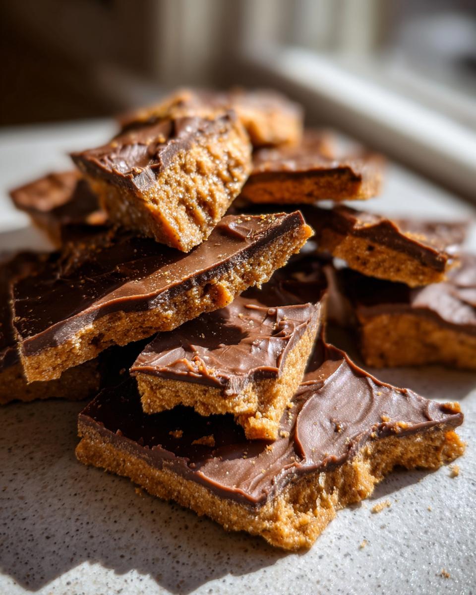 Close-up of stacked, broken pieces of graham cracker toffee with a thick chocolate topping.