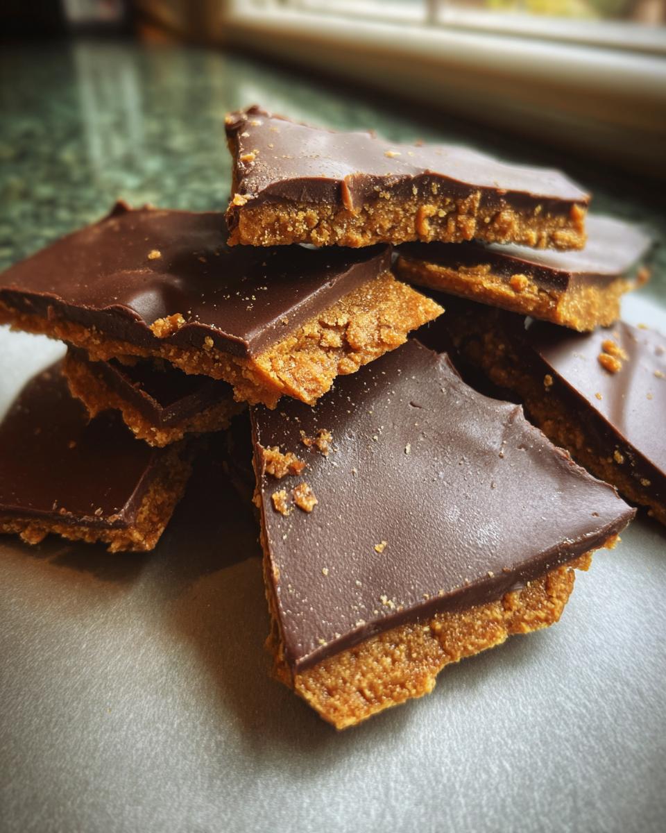 A stack of broken pieces of graham cracker toffee, showing the crunchy base and smooth chocolate layer.