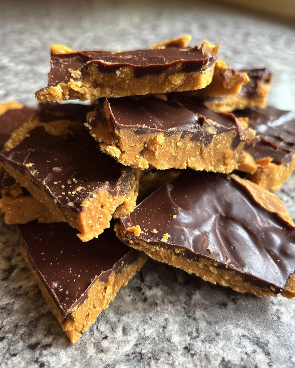 A close-up stack of rich graham cracker toffee pieces topped with a thick layer of melted chocolate.