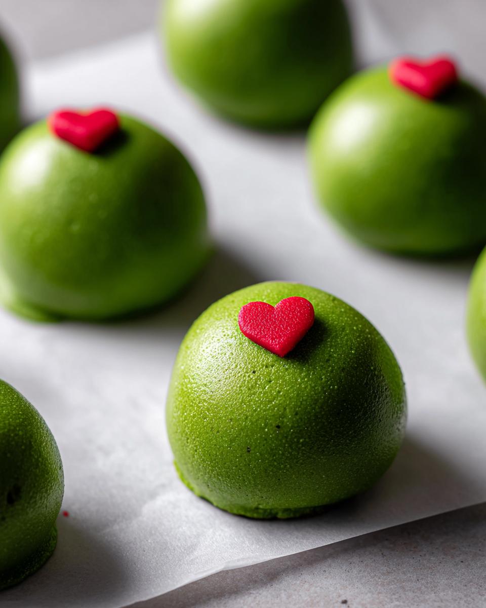 Close-up of several bright green Grinch Oreo Balls topped with small red candy hearts.