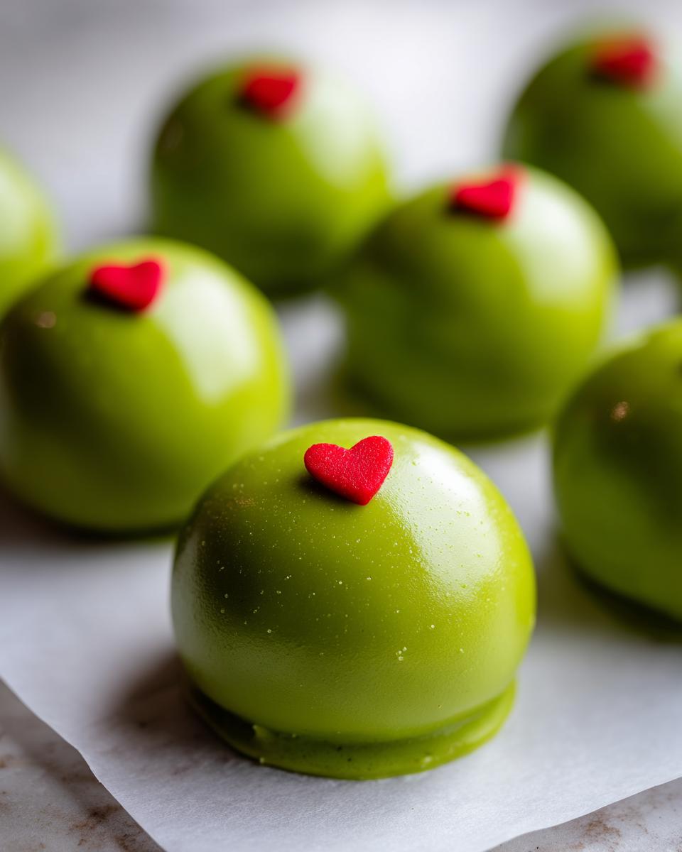 Close-up of shiny, bright green Grinch Oreo Balls, each topped with a small red heart candy.