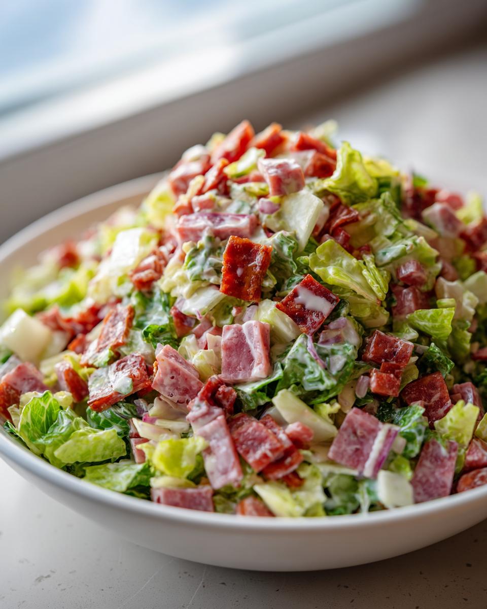 Close-up of a large white bowl filled with chopped lettuce, cubed meats, and creamy dressing, representing a delicious grinder salad.