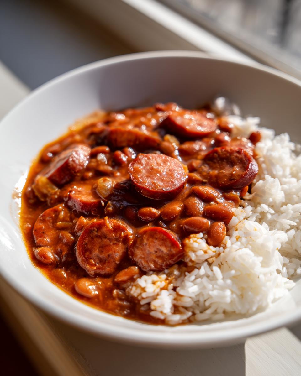 Close-up of a white bowl filled with flavorful beans and rice topped with thick slices of smoked sausage.