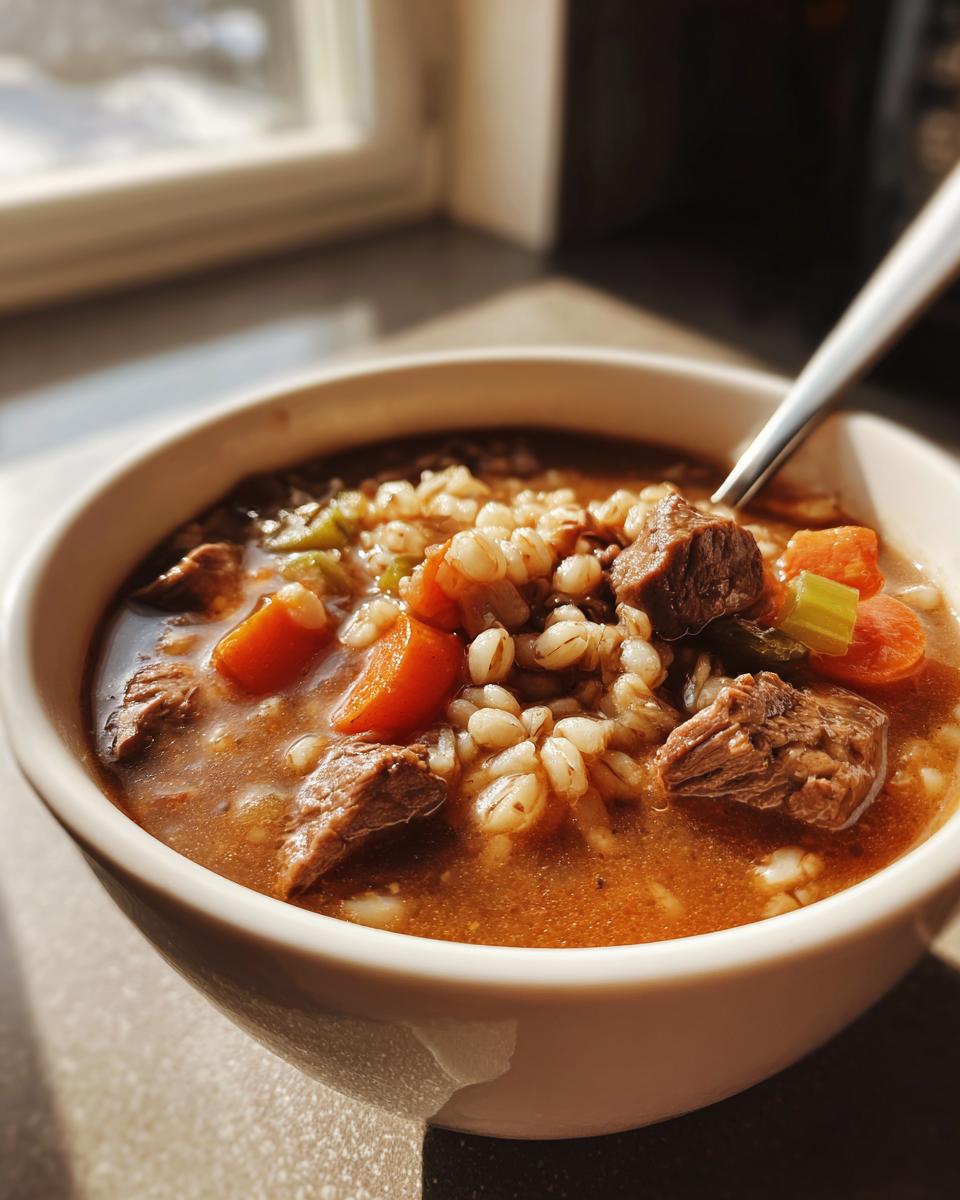 Close-up of a steaming bowl of beef barley soup featuring chunks of beef, barley, carrots, and celery, illuminated by sunlight.