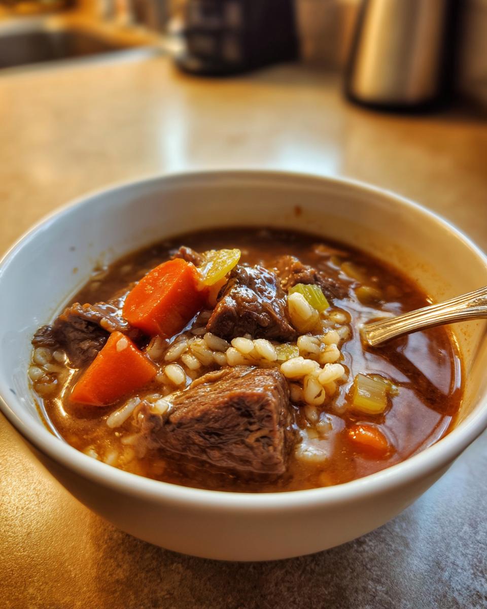 Close-up of a white bowl filled with rich beef barley soup, featuring chunks of beef, carrots, celery, and barley.