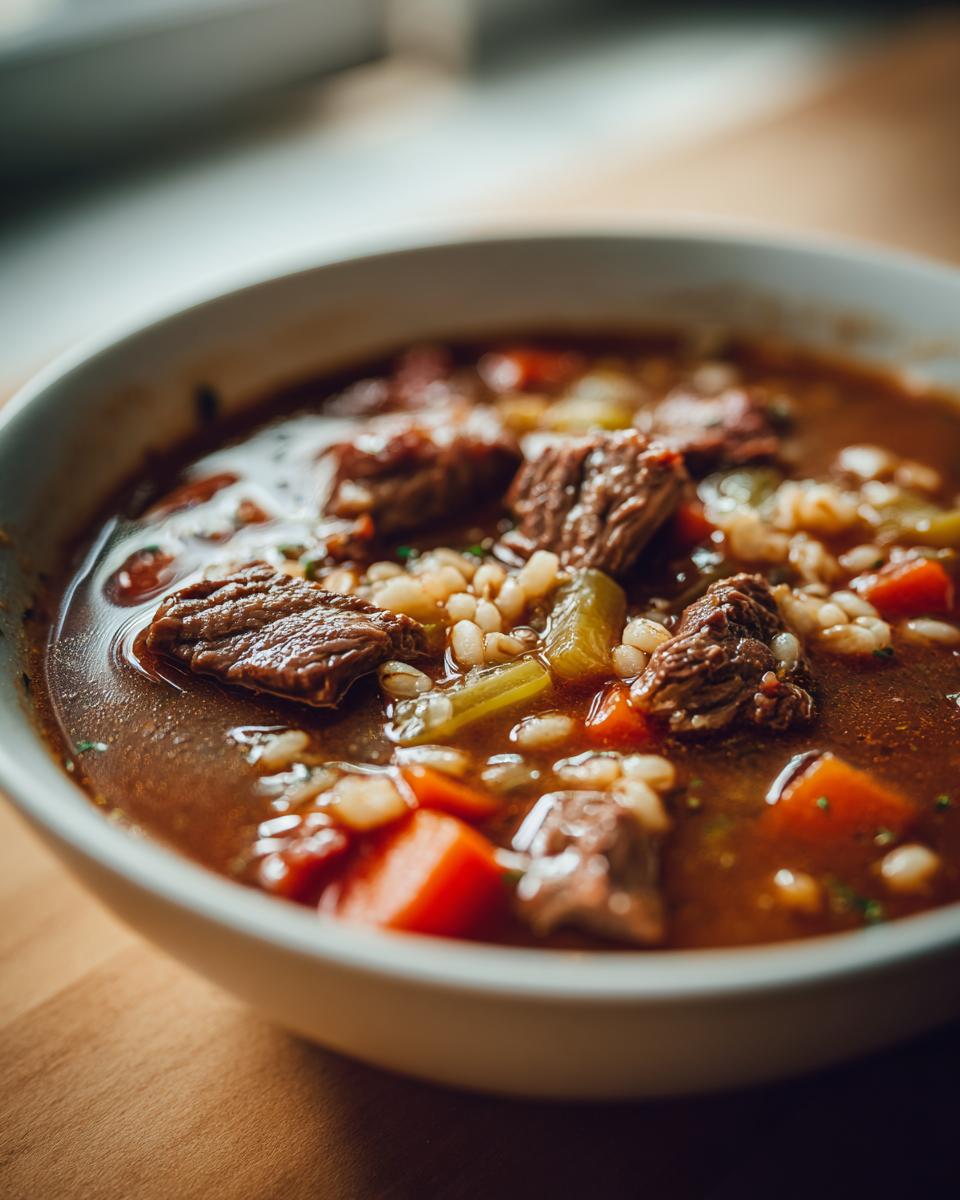 Close-up of a hearty bowl of beef barley soup featuring tender beef chunks, bright carrots, and plump barley grains.