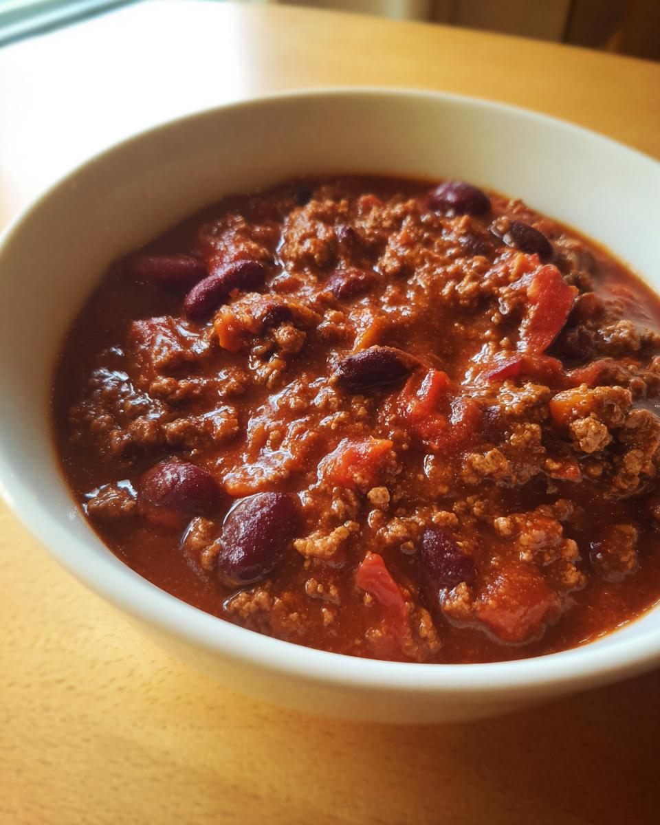 Close-up of a white bowl filled with rich, thick crockpot chili featuring ground meat and kidney beans.