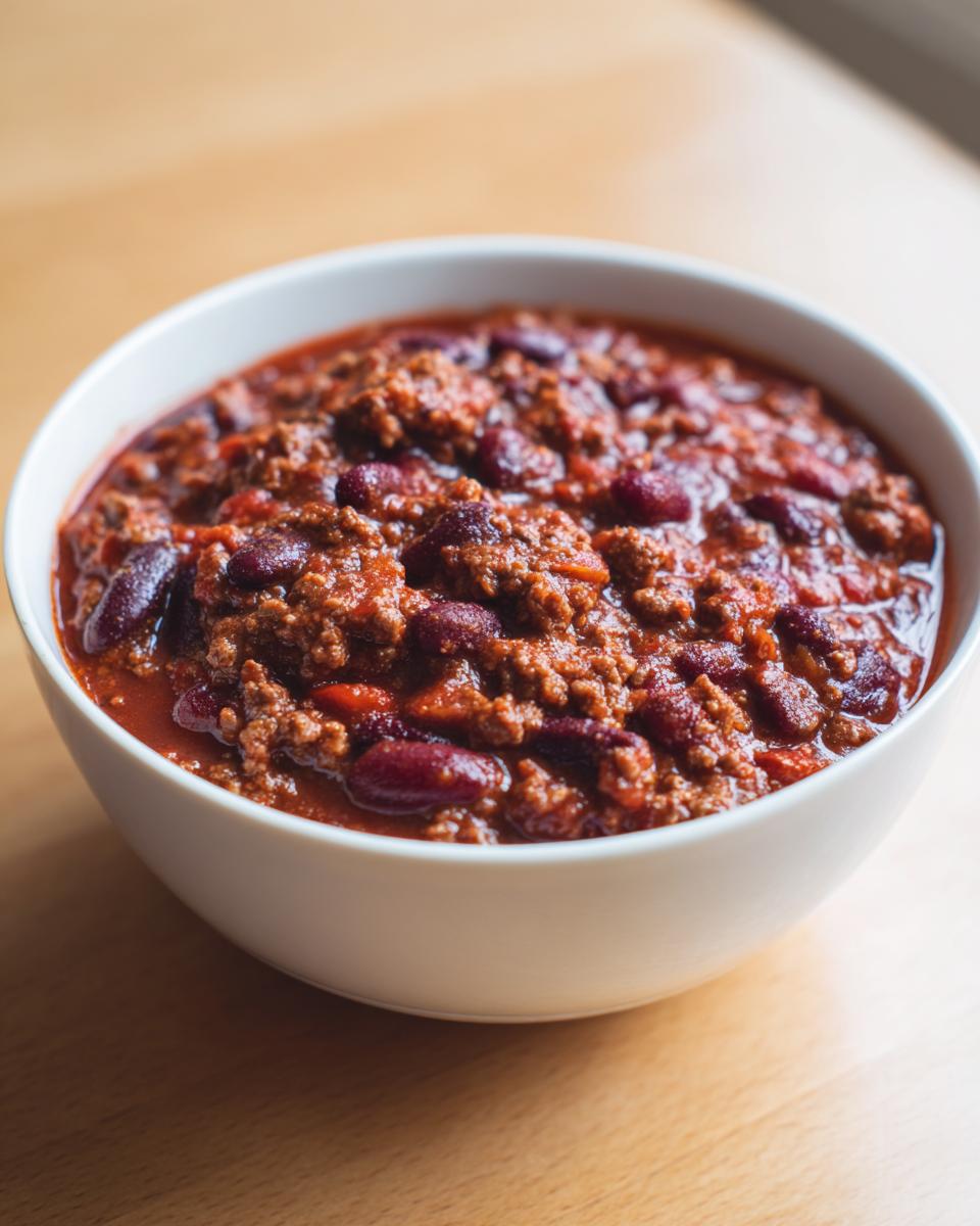 A close-up of a white bowl filled with rich, meaty crockpot chili featuring visible kidney beans.
