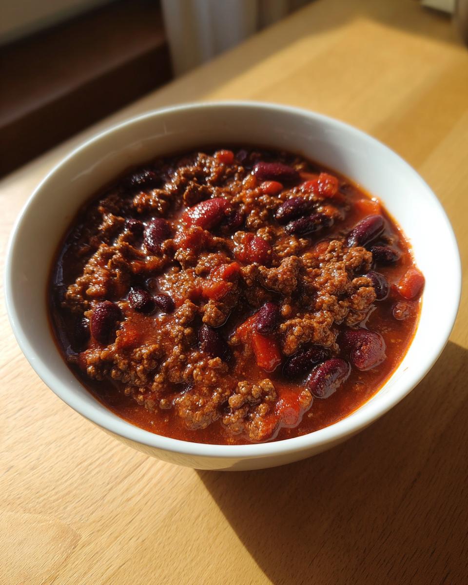 A close-up of a white bowl filled with rich, hearty crockpot chili featuring ground meat and dark red kidney beans.