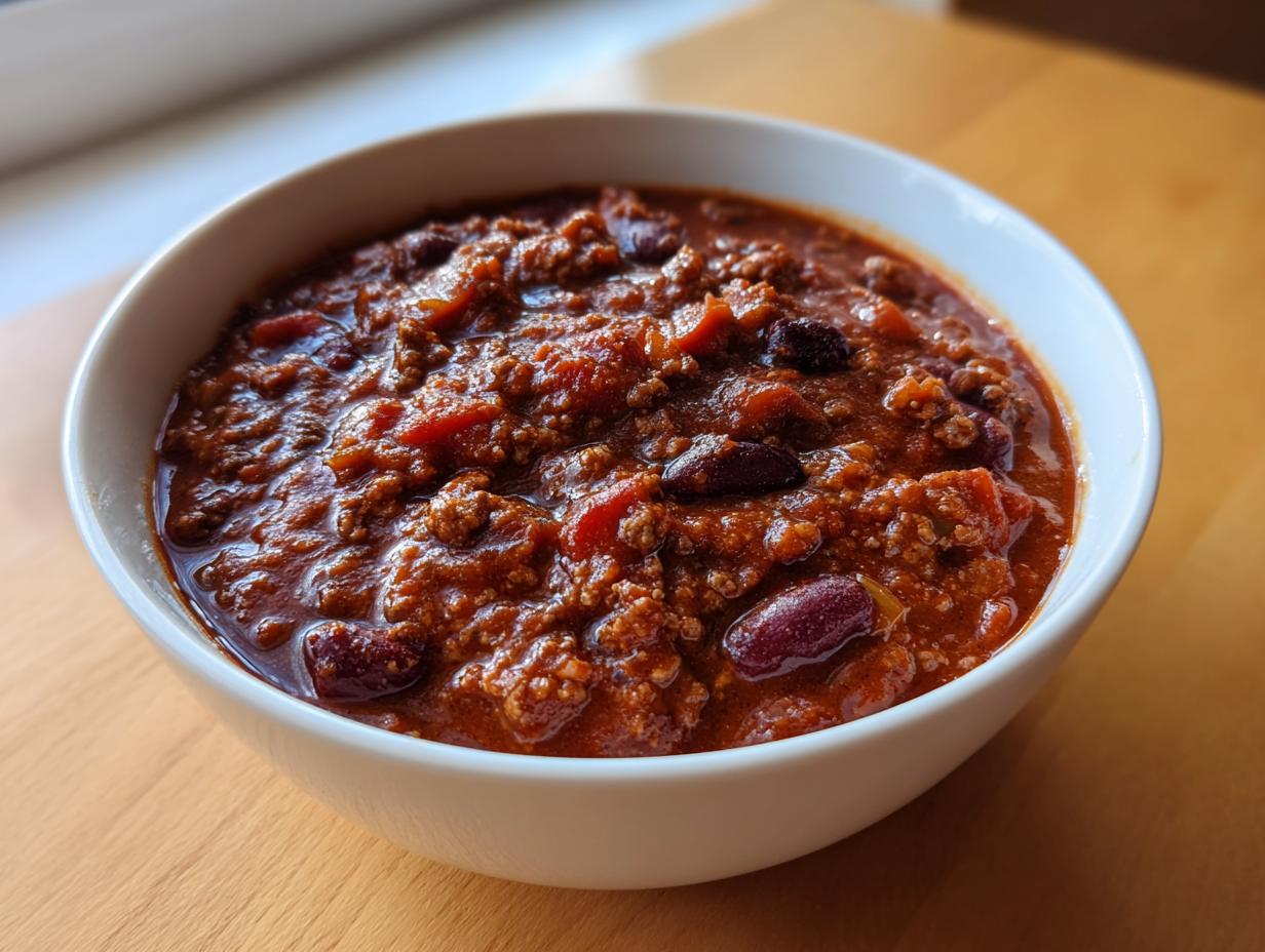 Close-up of a white bowl filled with rich, thick crockpot chili featuring ground meat and kidney beans.