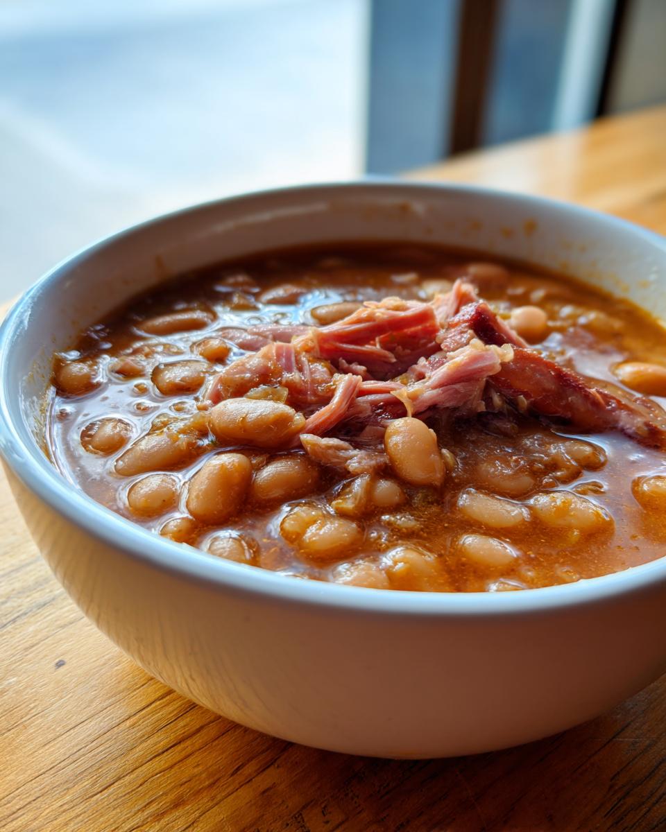 Close-up of a white bowl filled with rich, savory Ham and bean soup topped with shredded ham.