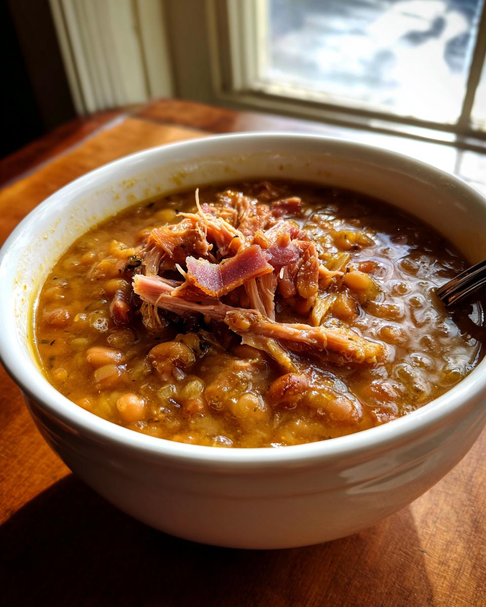 Close-up of a thick bowl of Ham and Bean Soup topped with shredded ham, set near a bright window.
