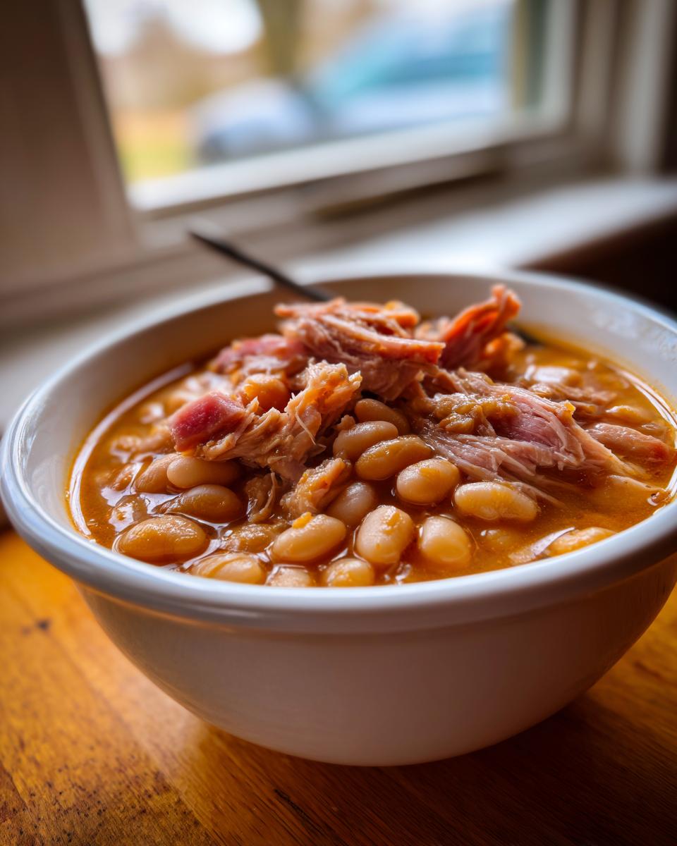 A close-up of a white bowl filled with rich Ham and bean soup, topped with shredded ham, set on a wooden table by a window.