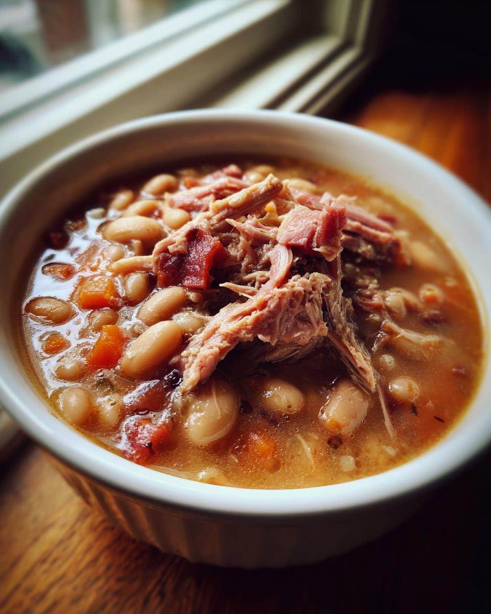 Close-up of a white bowl filled with rich Ham and Bean Soup, topped with shredded ham and navy beans.