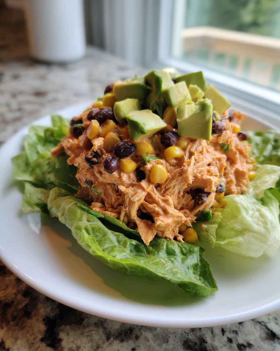 A serving of creamy southwest chicken salad mixed with black beans and corn, topped with diced avocado, served on crisp lettuce cups.
