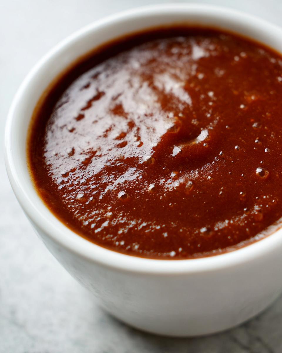 A close-up shot of thick, rich, dark brown homemade bbq sauce filling a small white dipping bowl.