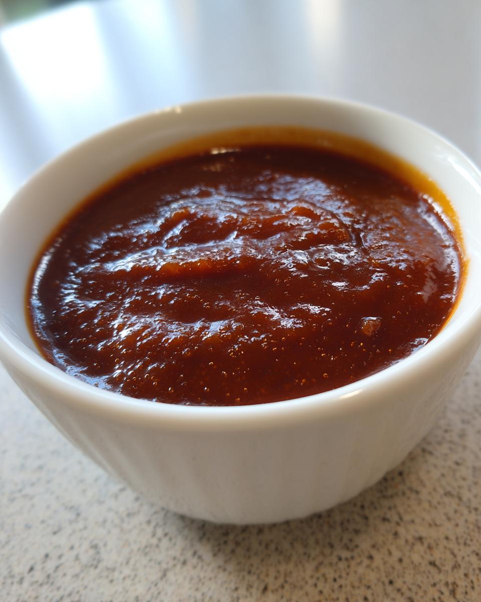 Close-up of thick, dark red homemade bbq sauce served in a small white bowl.