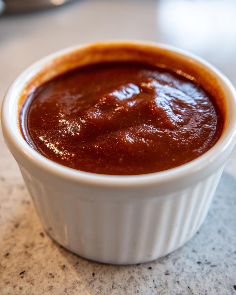 Close-up of rich, dark homemade bbq sauce served in a small white fluted ramekin.
