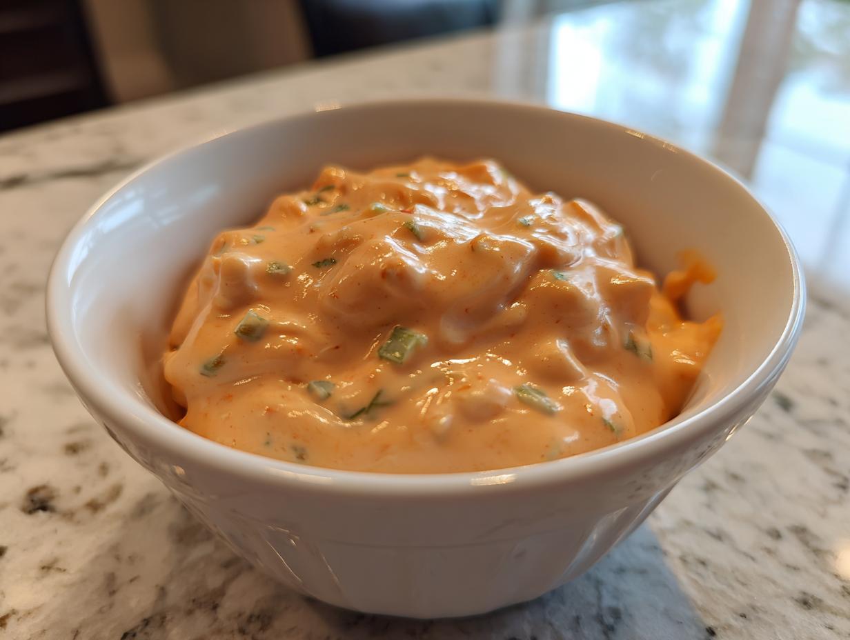 A close-up of creamy, orange-hued homemade big mac sauce speckled with relish pieces in a small white bowl.