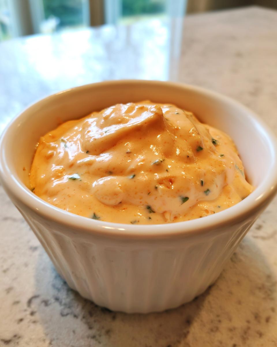 Close-up of creamy, orange-tinted big mac sauce speckled with green herbs in a small white bowl.