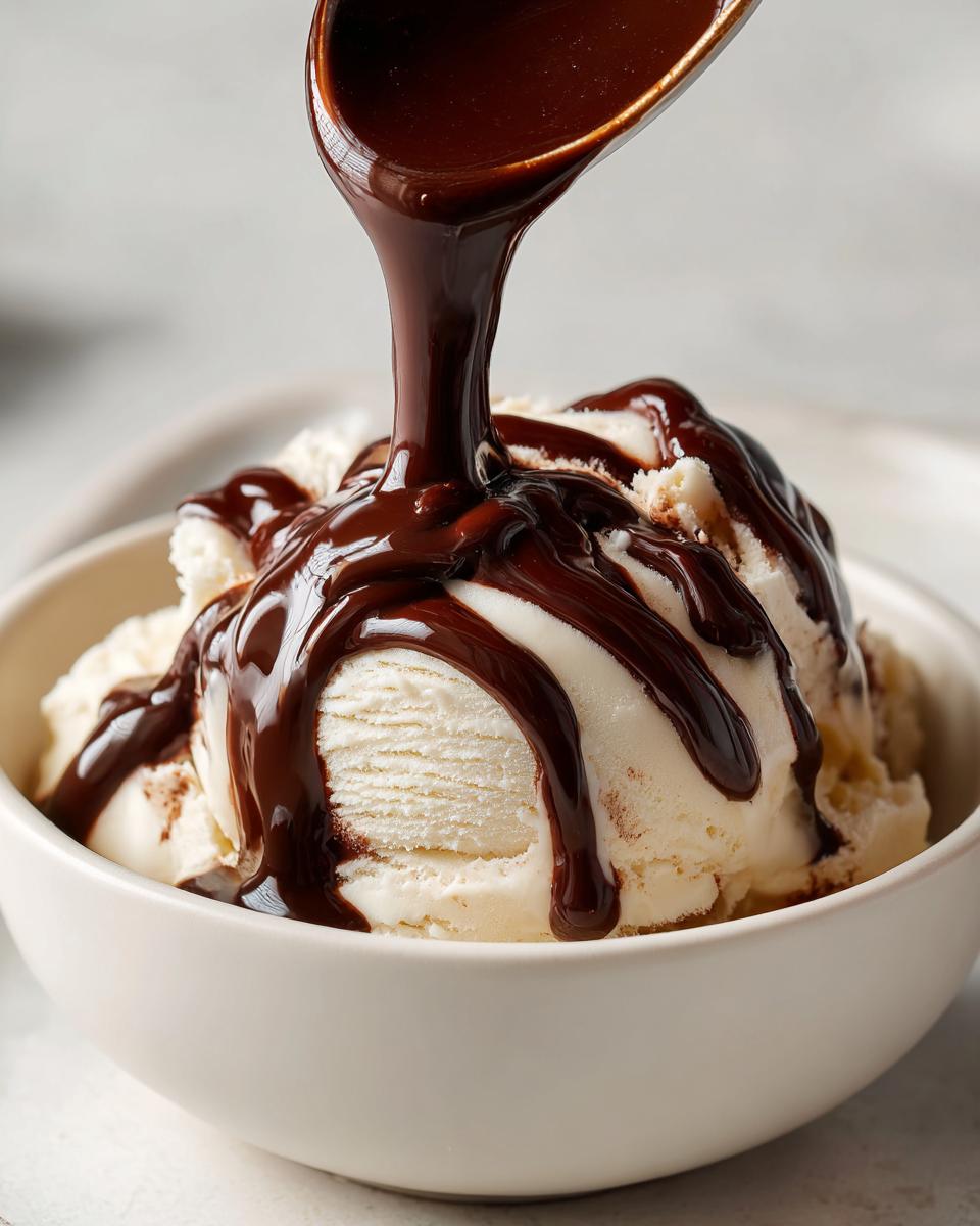 A spoonful of rich chocolate syrup being poured over scoops of vanilla ice cream in a white bowl.