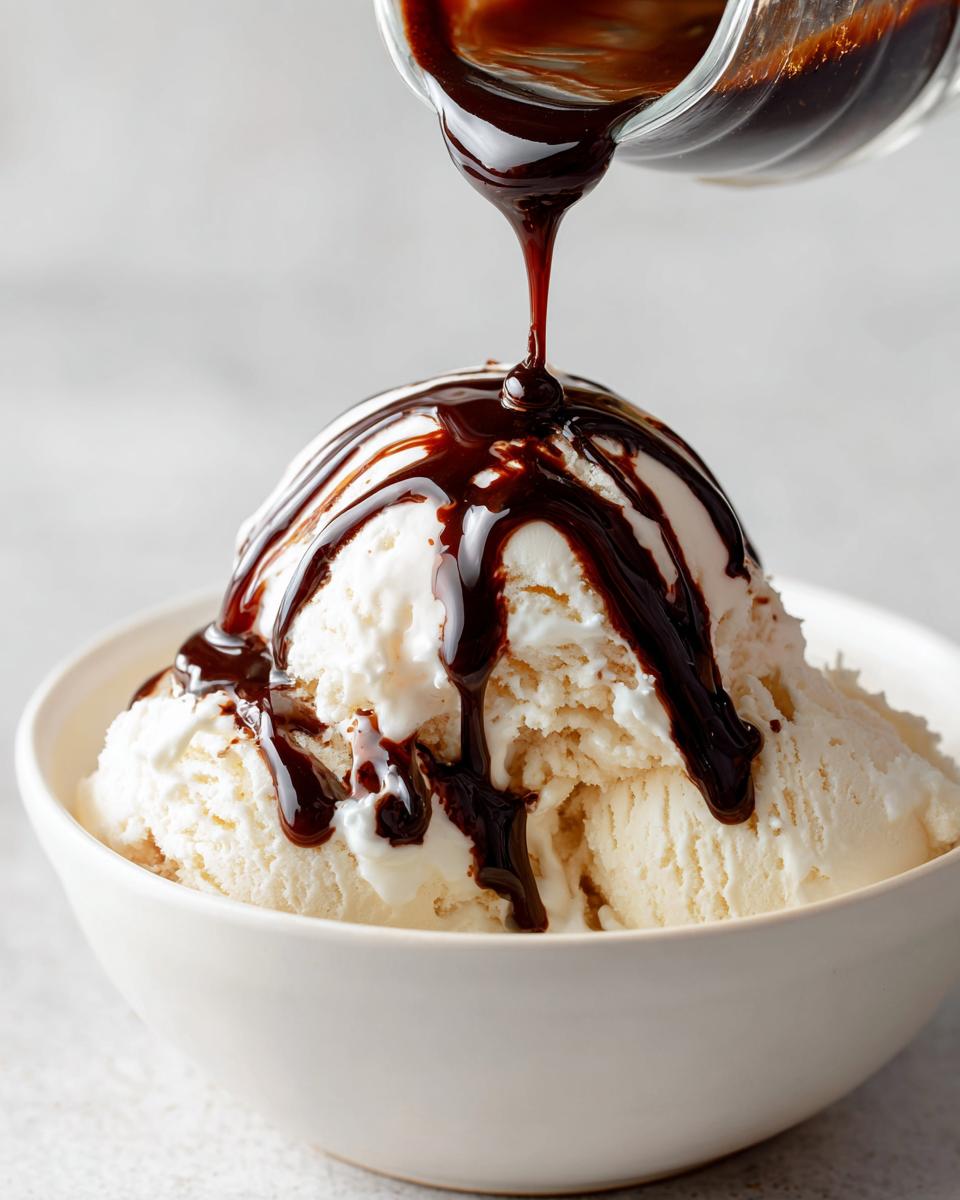 Pouring rich, dark chocolate syrup from a glass pitcher over a scoop of vanilla ice cream in a white bowl.