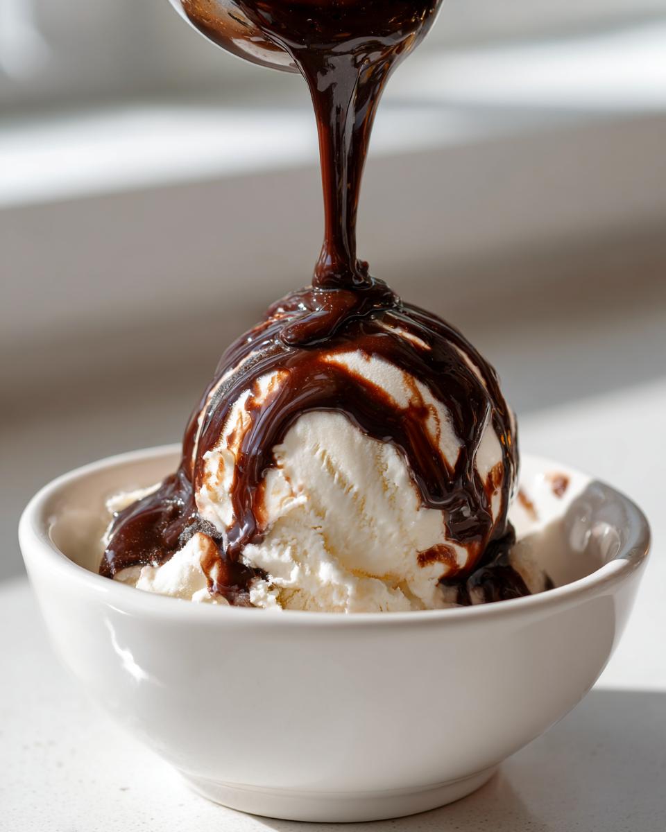 A spoonful of rich, homemade chocolate syrup being poured over a scoop of vanilla ice cream in a white bowl.