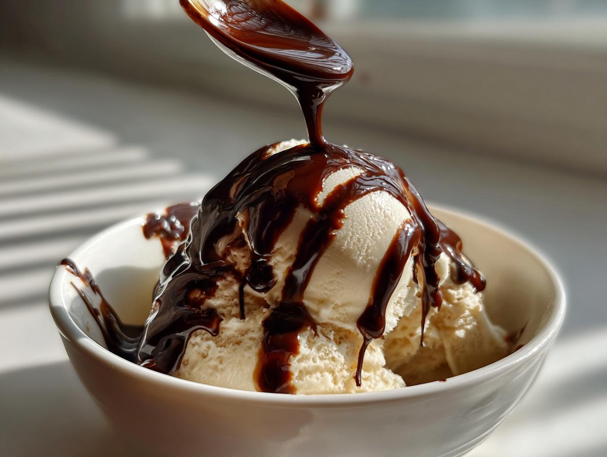 A spoonful of rich, homemade chocolate syrup being drizzled over vanilla ice cream scoops in a white bowl.