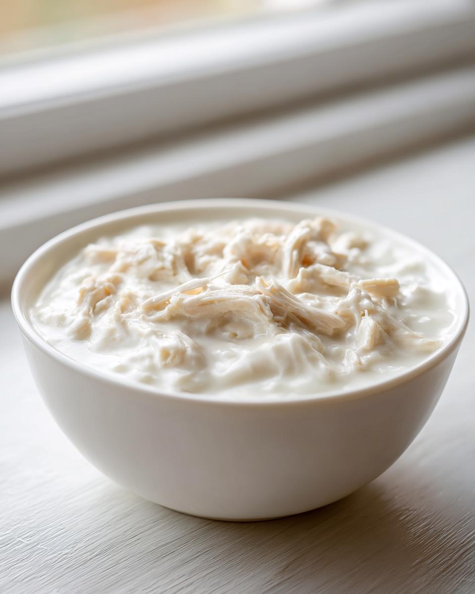 Close-up of shredded chicken mixed into a thick, creamy white sauce, representing a homemade cream of chicken soup swap.