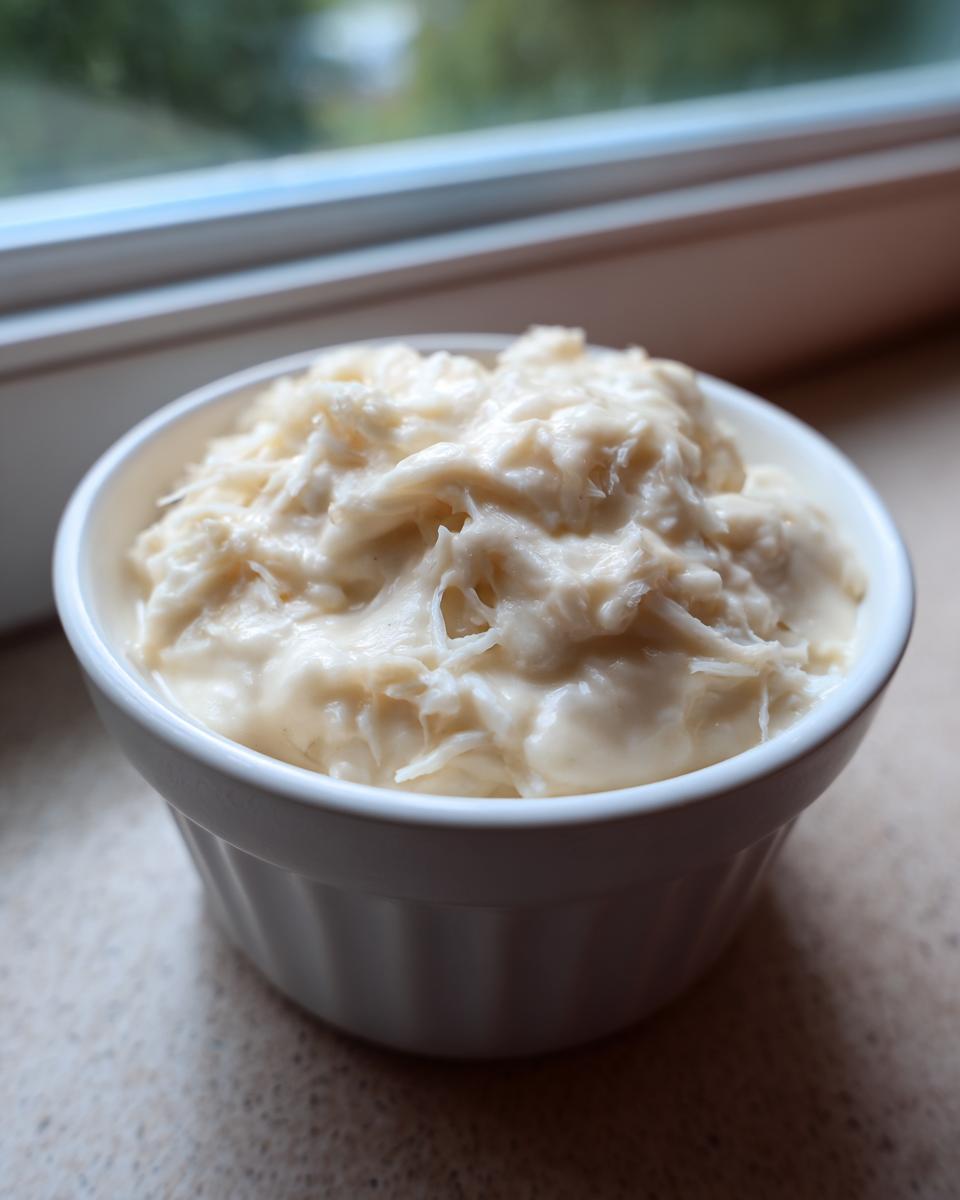 A white ramekin filled with thick, creamy homemade cream of chicken soup substitute, showing shredded texture.