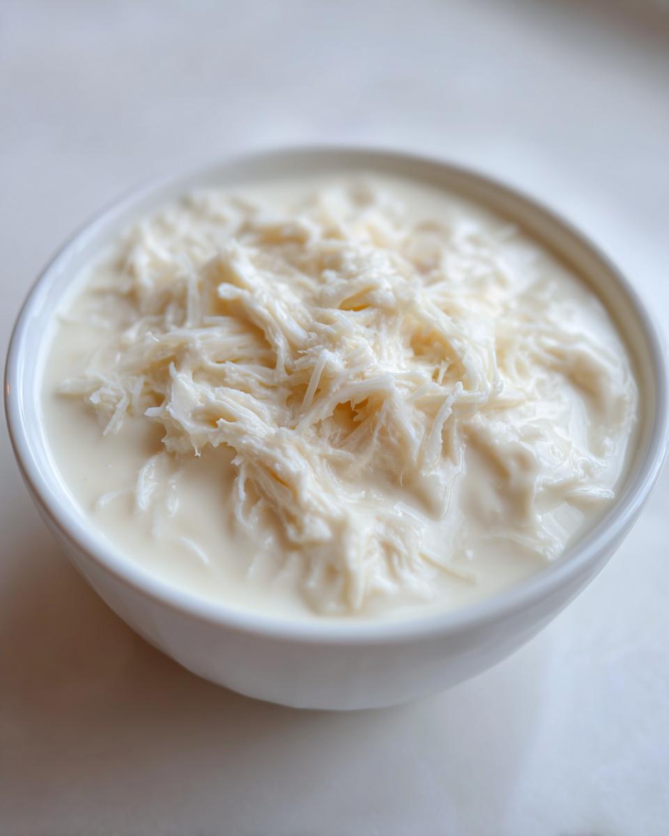 Close-up of a white bowl containing a creamy white mixture with shredded texture, representing a cream of chicken soup swap.