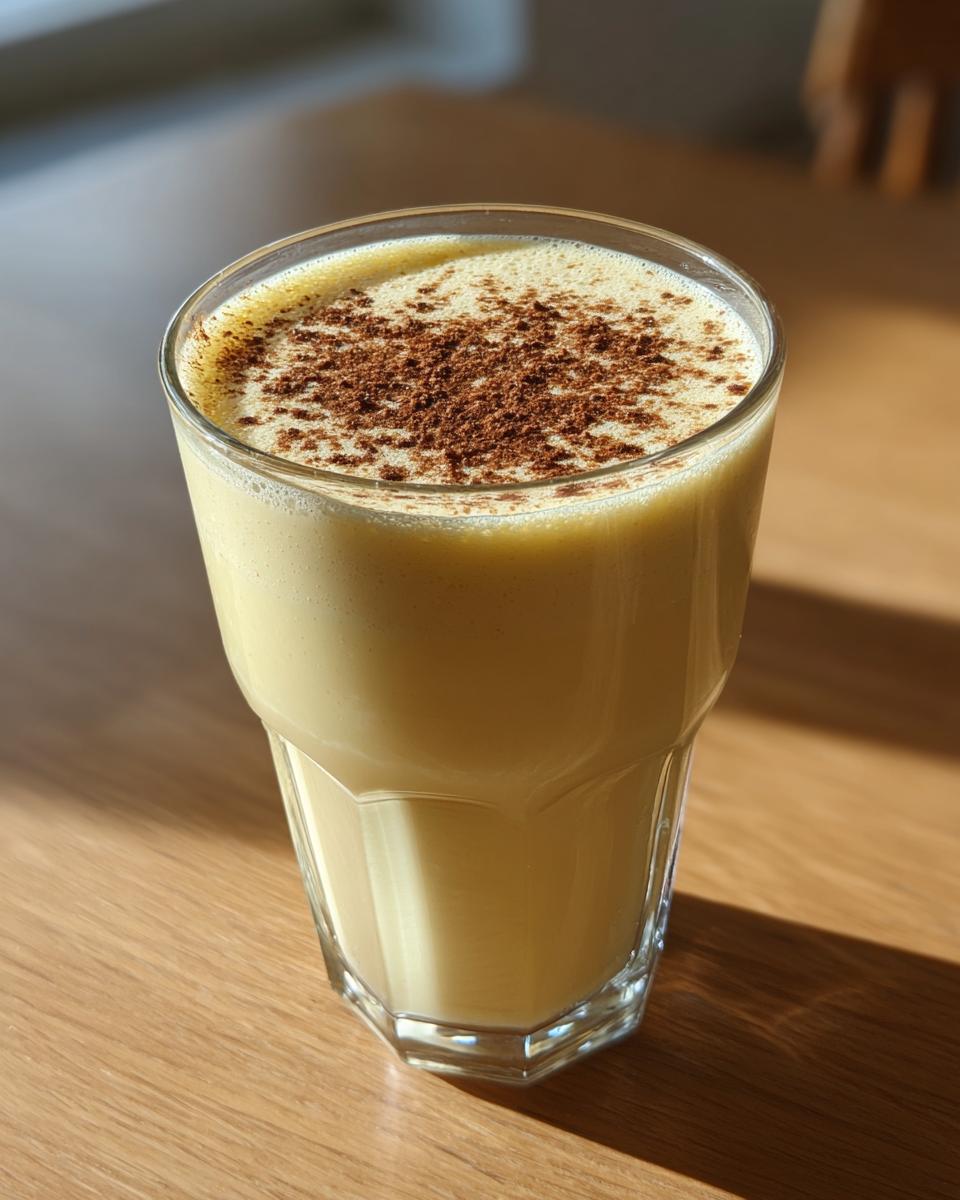 A tall glass of creamy, yellow homemade eggnog topped with a dusting of cinnamon or nutmeg.