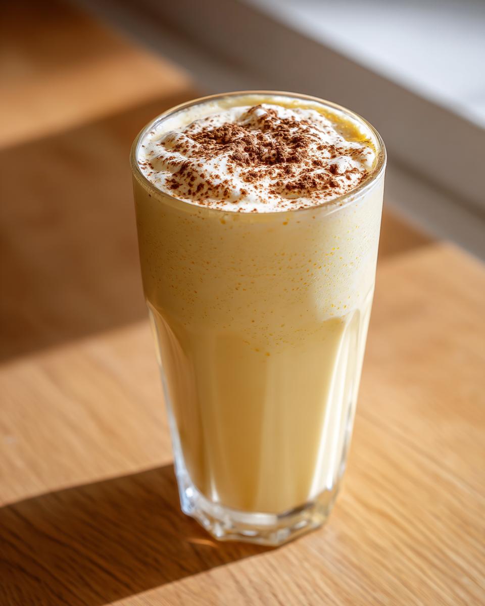 Tall glass filled with creamy homemade eggnog, topped with whipped cream and a dusting of nutmeg or cocoa.