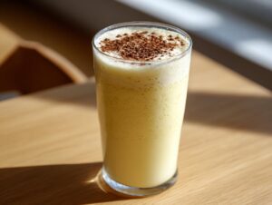 A tall glass filled with creamy, frothy homemade eggnog, topped with a sprinkle of dark spice, sitting on a wooden table.