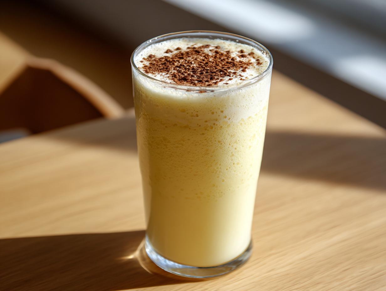 A tall glass filled with creamy, frothy homemade eggnog, topped with a sprinkle of dark spice, sitting on a wooden table.