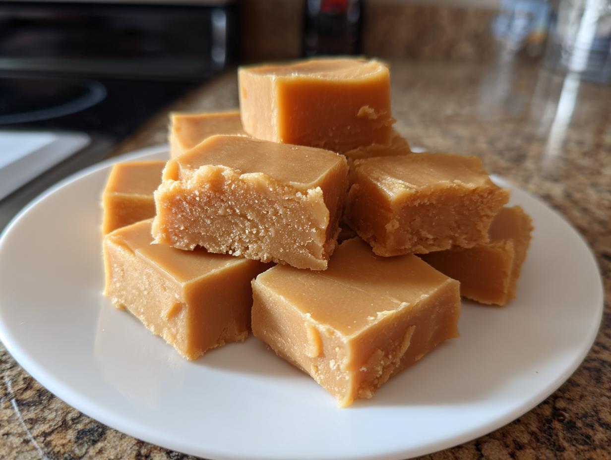 A stack of rich, light brown, square-cut pieces of homemade penuche fudge piled on a white plate.