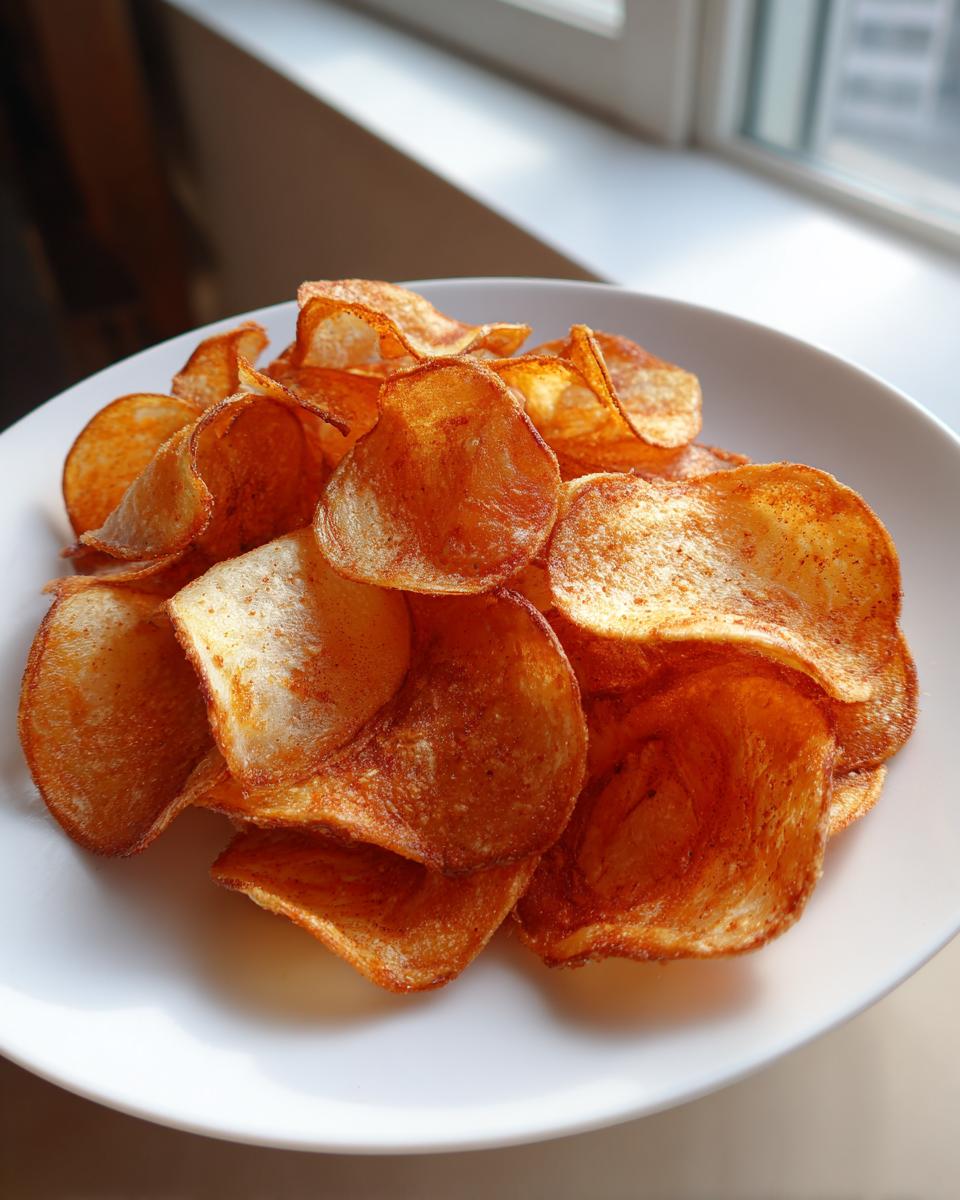A close-up of a pile of golden brown, seasoned homemade potato chips served on a white plate near a window.