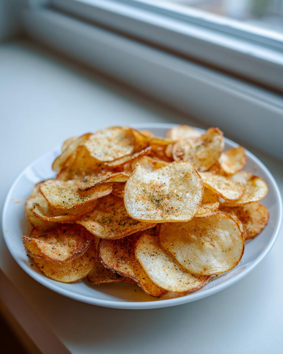 A white plate piled high with golden, homemade potato chips seasoned with herbs and spices.