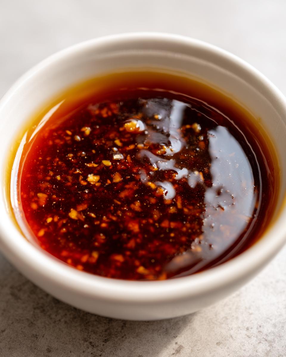 Close-up of rich, dark homemade teriyaki sauce with visible flakes of garlic or ginger.