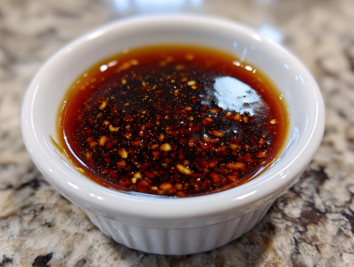 Close-up of rich, dark homemade teriyaki sauce with visible minced garlic and spices in a small white ramekin.