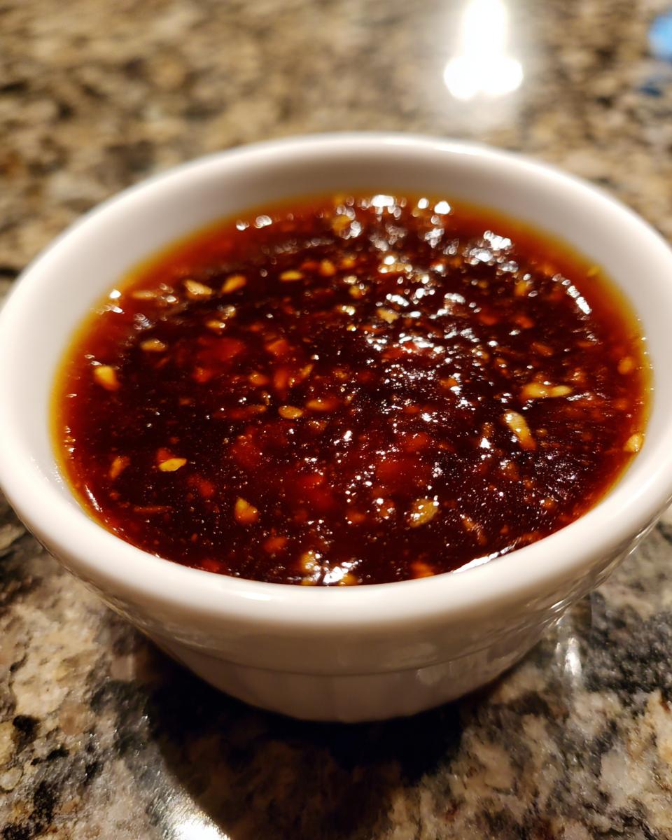 Close-up of thick, glossy homemade teriyaki sauce speckled with sesame seeds in a small white dipping bowl.
