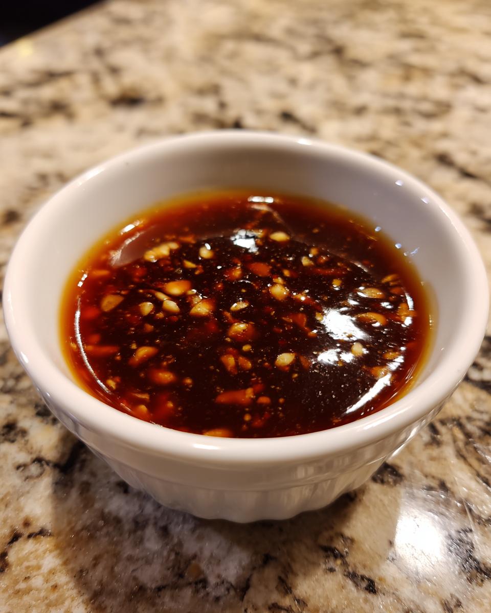 Close-up of a small white bowl filled with rich, dark homemade teriyaki sauce speckled with sesame seeds.