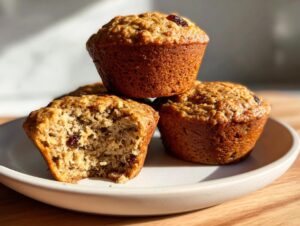 Close-up of golden brown honey bran muffins, one broken open showing raisins and texture.