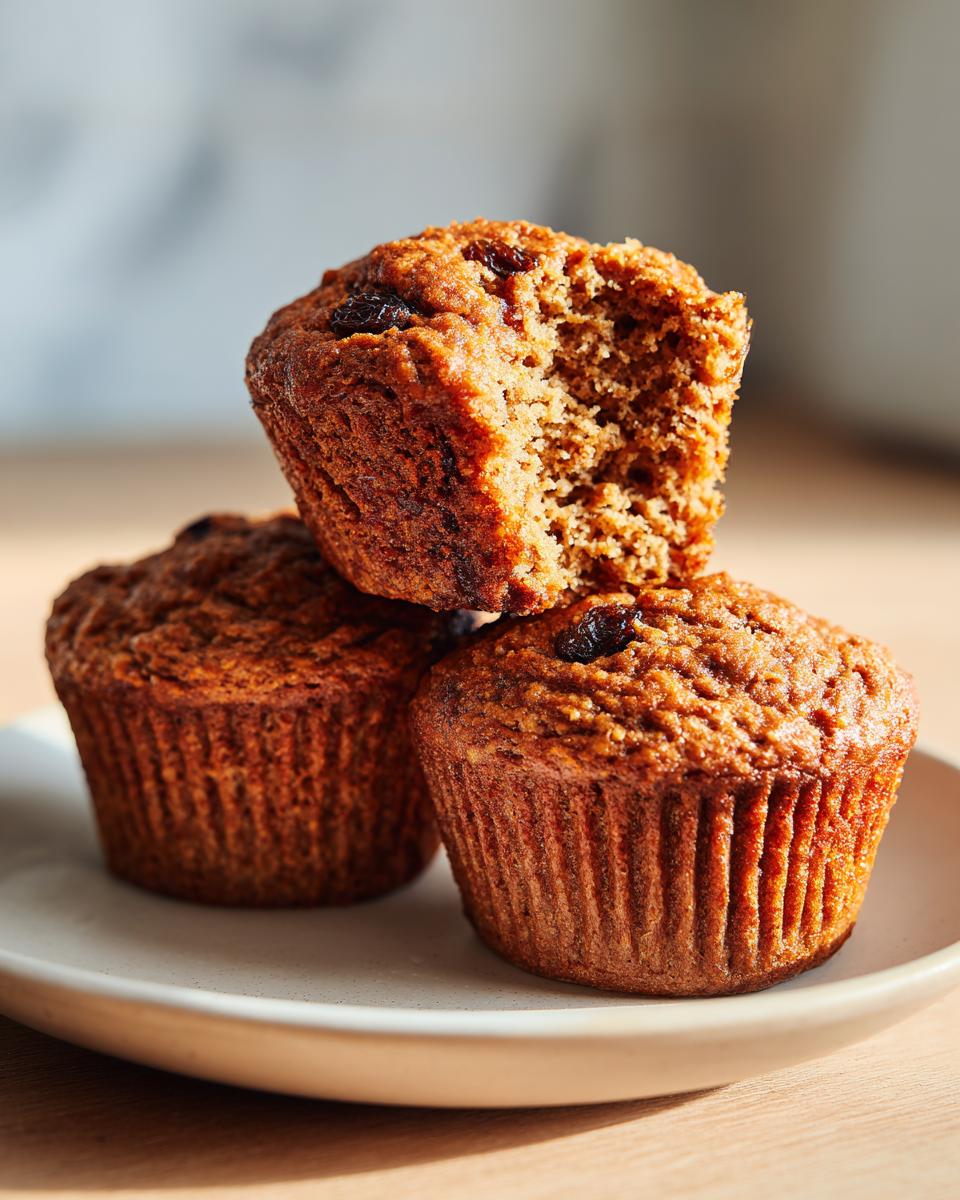 Three golden brown honey bran muffins stacked on a plate, one on top is broken open showing the texture.