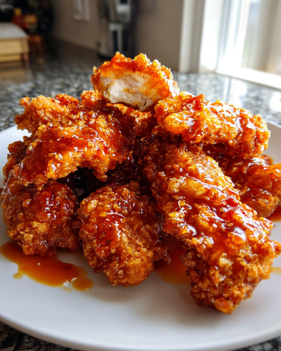 A pile of crispy, glazed hot honey chicken tenders stacked on a white plate, showing the thick, shiny sauce.