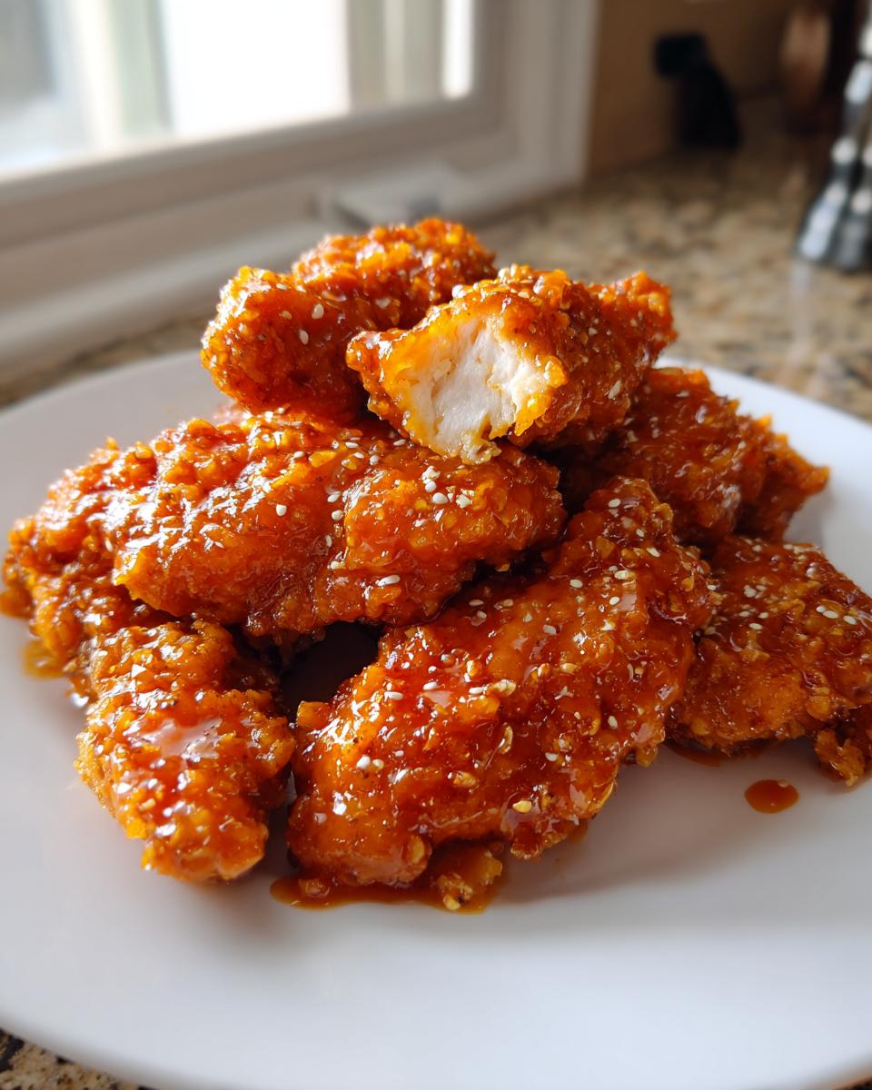 A pile of crispy, glazed hot honey chicken tenders sprinkled with sesame seeds, one piece broken open showing white meat.