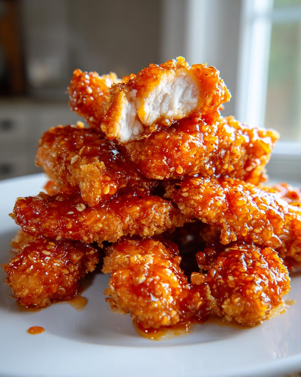 A stack of crispy hot honey chicken tenders coated in a shiny, orange glaze and sprinkled with sesame seeds, with one tender broken open showing white meat.