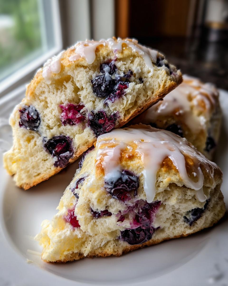 Cross-section view of delicious blueberry scones, showing moist interior packed with blueberries and topped with white glaze.