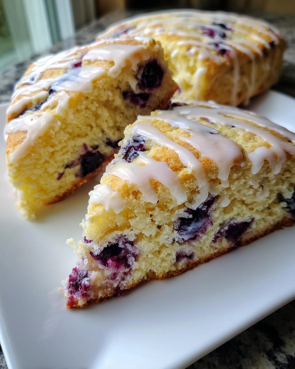A close-up of a slice of moist blueberry scones topped with a sweet white glaze, showing the texture and embedded blueberries.